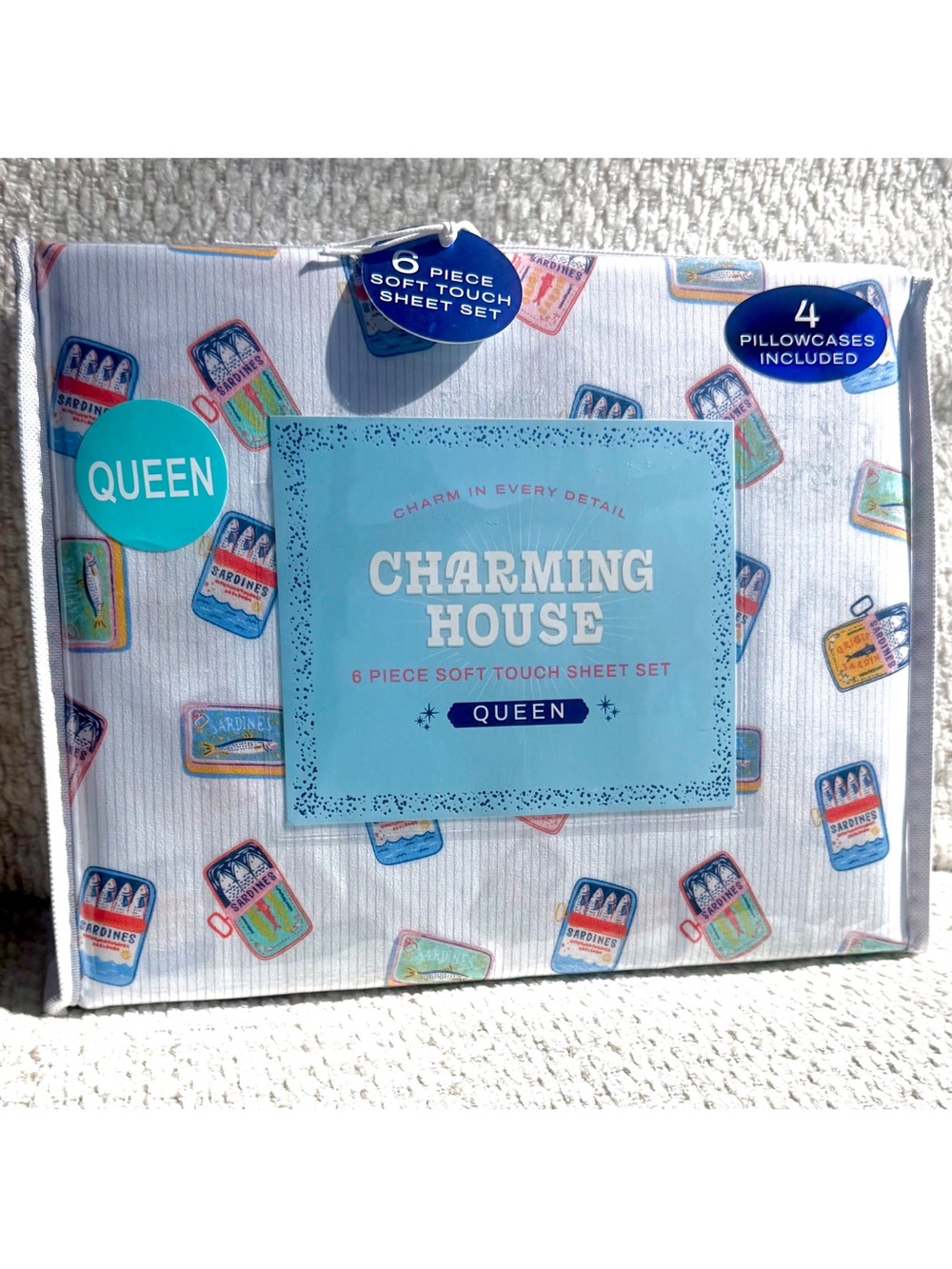 Charming House Sardine Sheet Set Queen 6pc Euro Summer Bedding Coastal Decor NWT